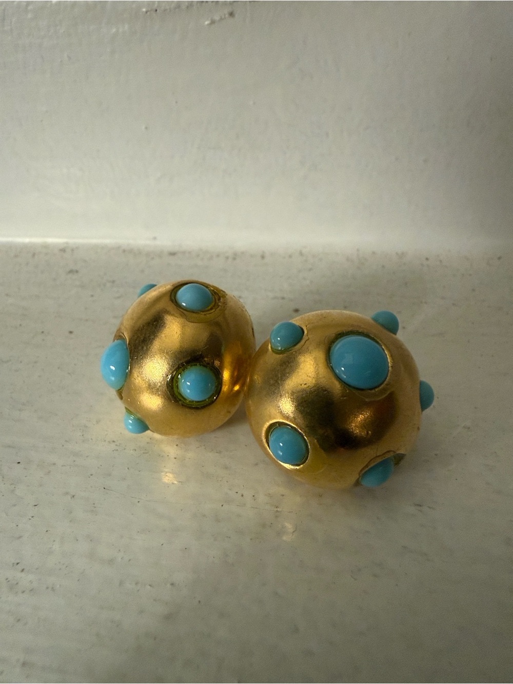 Turkish Small Gold Dome Clip Earrings with Turquoise Cabochons